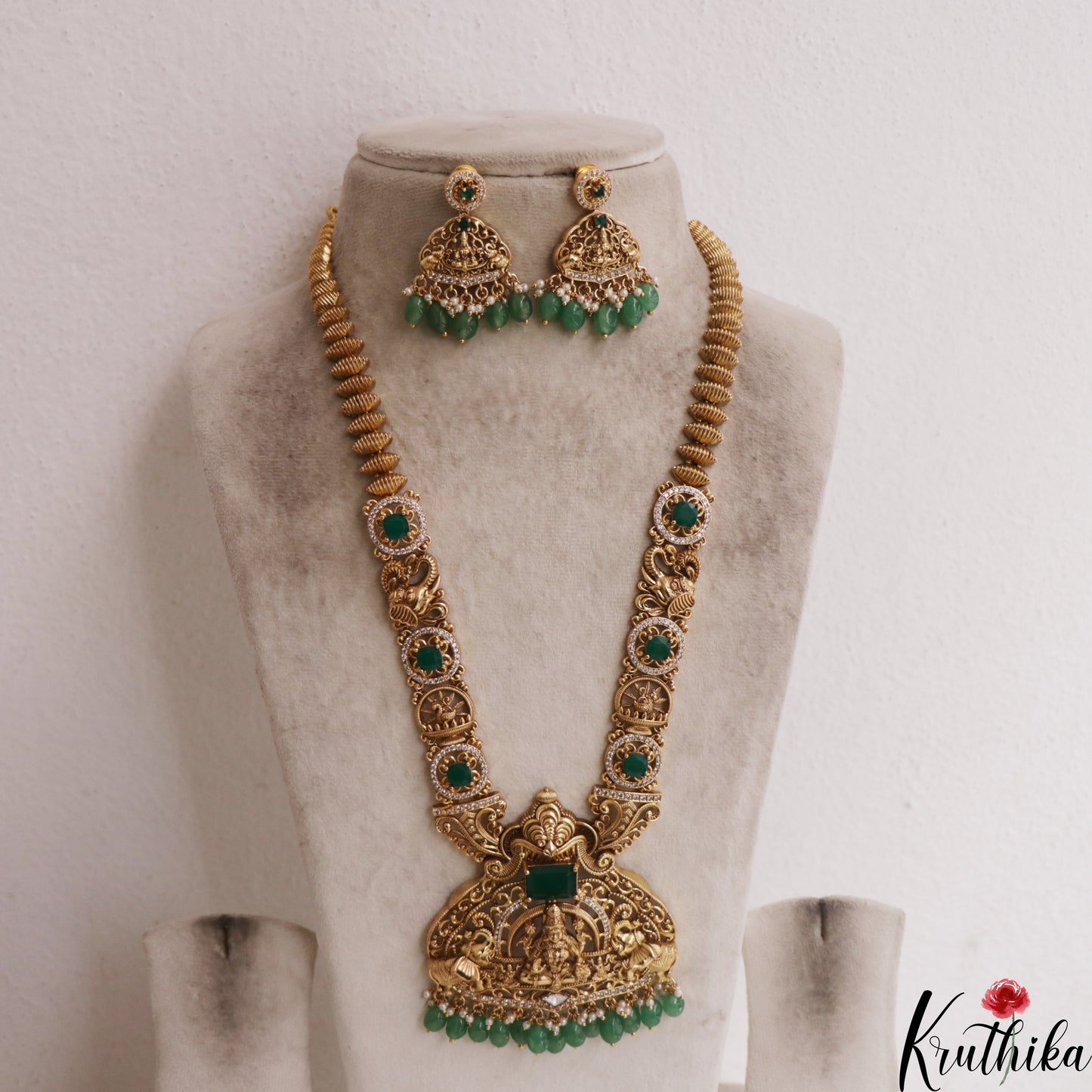 Grand Antique Nagas Lakshmi Motifs Haaram With Bead Drops LH2104 (Available In 2 Colors)