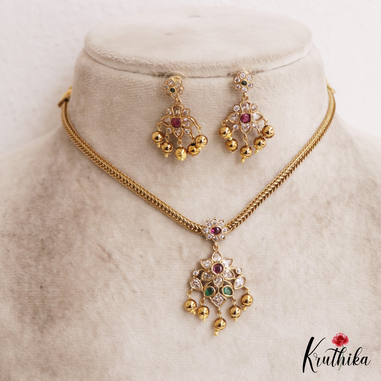 Trendy Floral Motifs AD Pendant Chain Set NC2873