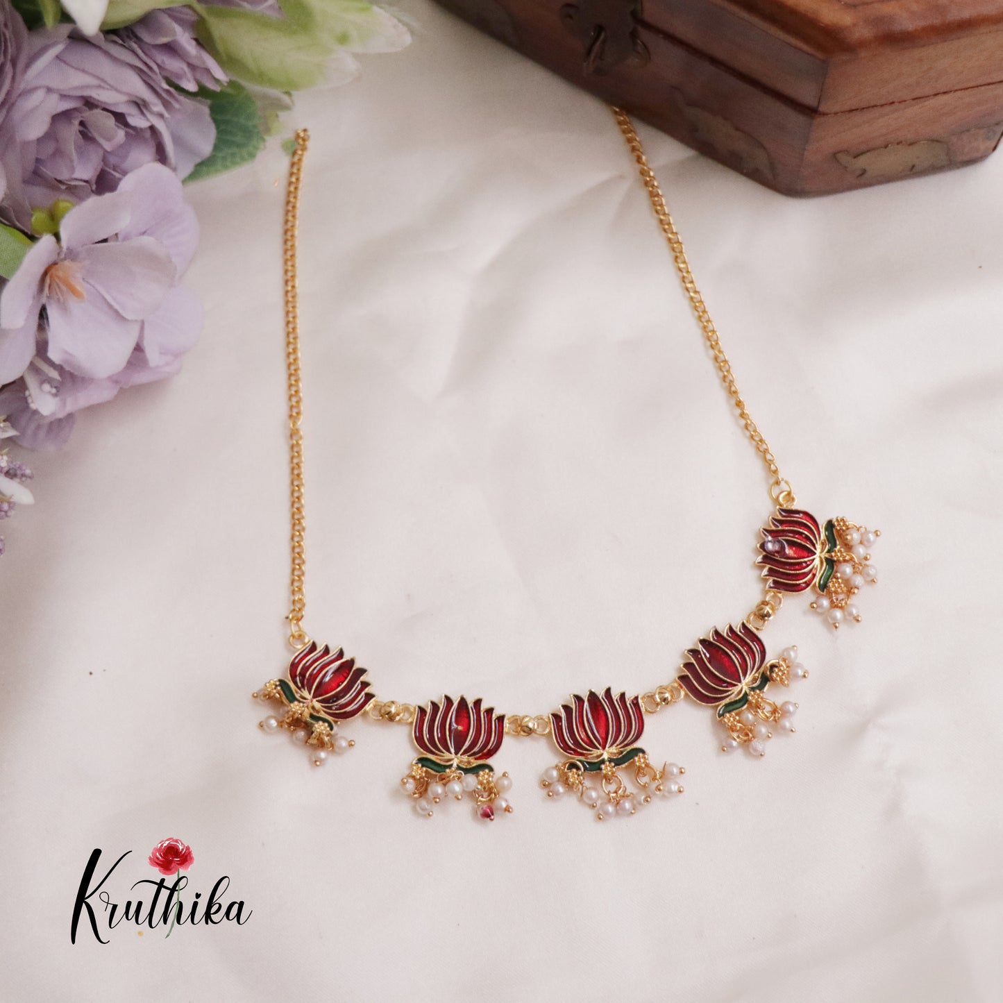 Budget Friendly Simple Lotus Charm Pearl Necklace NC2293 (Available in 2 Colors)