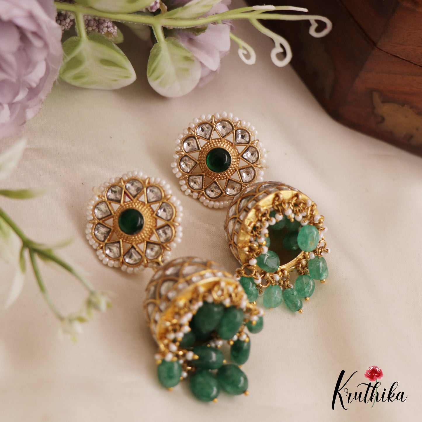 Stunning Floral Motifs Jhumka Kundan Jadau Earrings With Pearl And Bead Drops E852