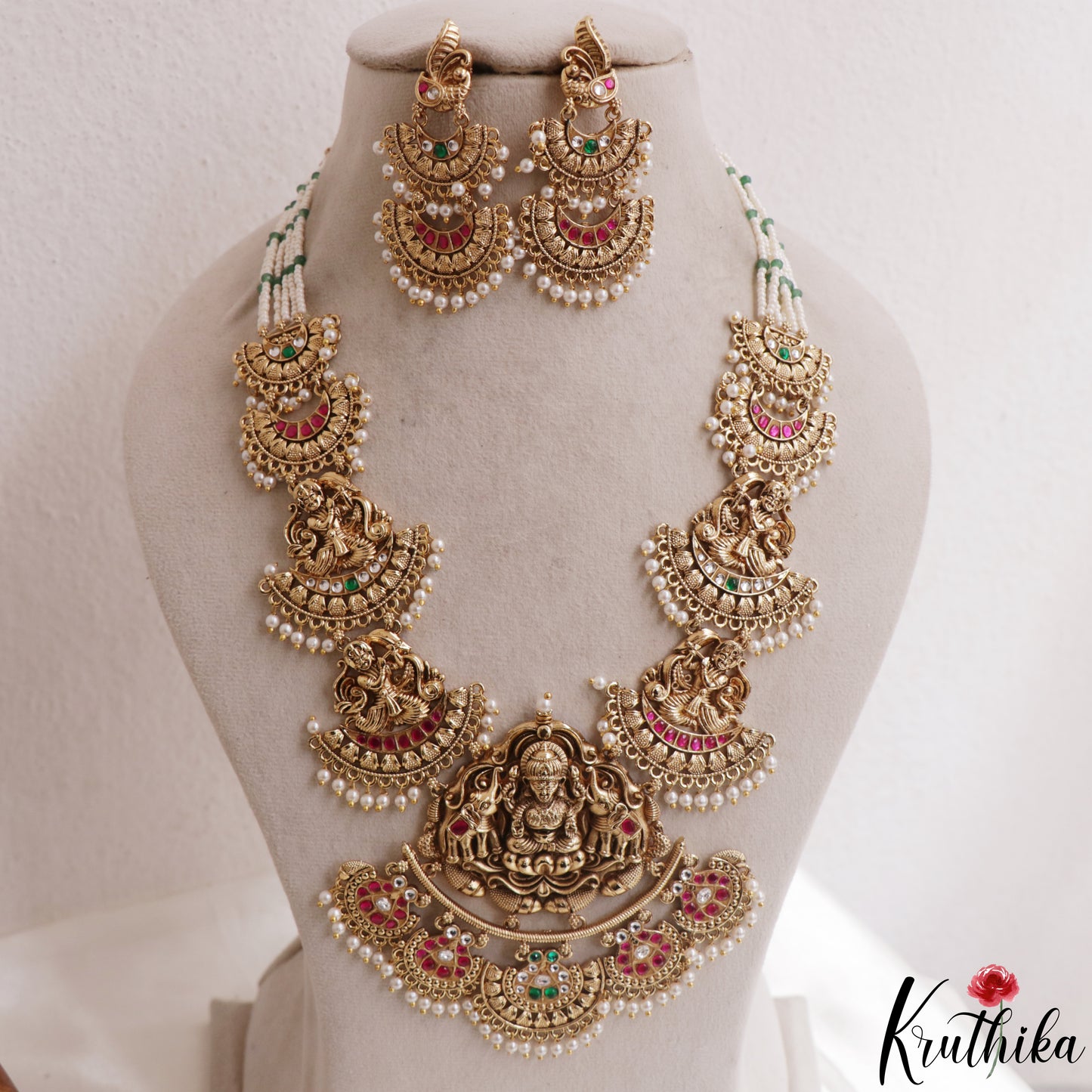 Gorgeous Antique Nagas Lakshmi Elephant Motifs Jadau Haaram With Pearl Drops LH2170