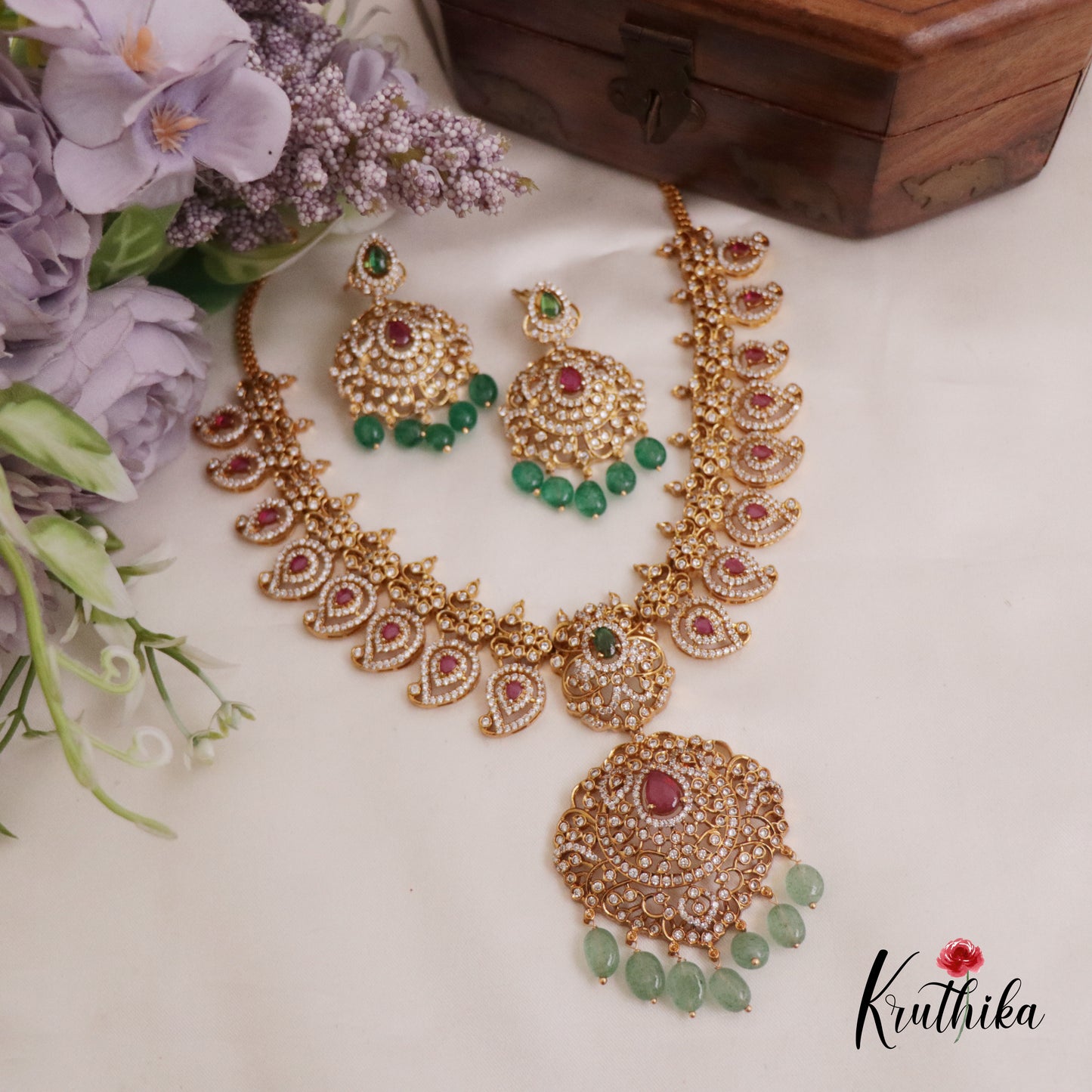 Royal Bridal AD Mango Design Necklace with Pastel Green Beads NC2320
