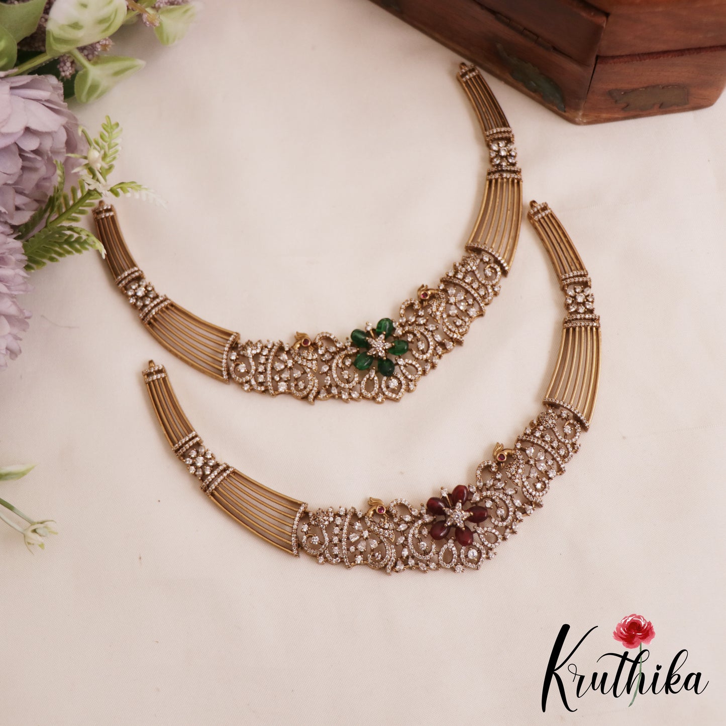 Sparkling AD Floral Peacock Motifs Victorian Hasli Choker NC2818 (Available In 2 Colors)