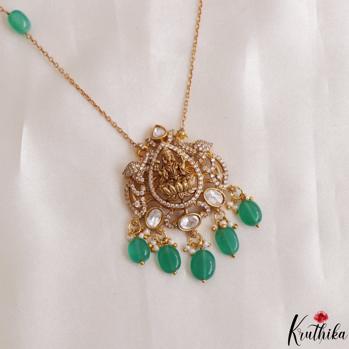Beautiful Lakshmi Peacock Motifs CZ Polki Pendant Chain Set NC3106 (Available 2 Colors)