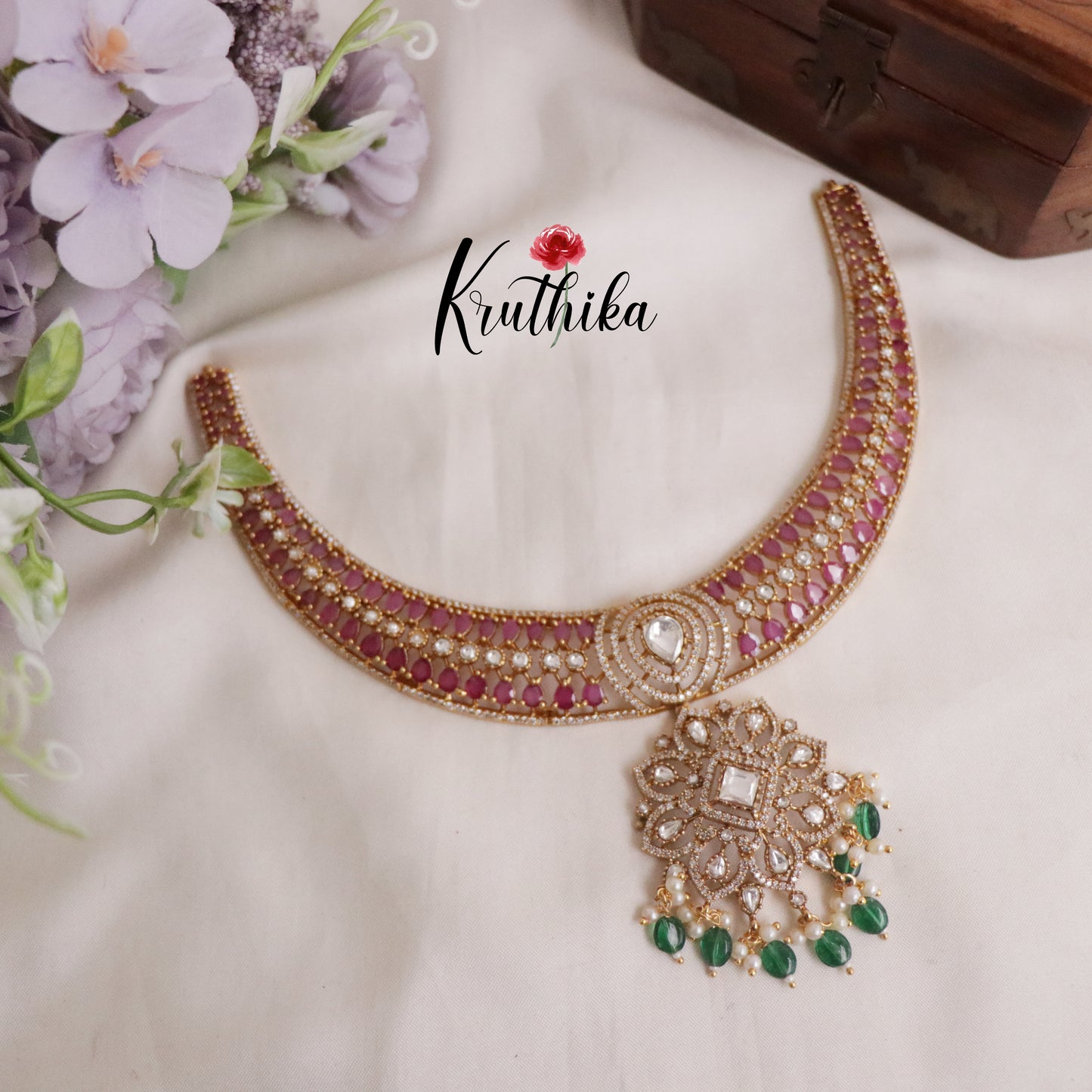 Trendy AD Victorian Ruby Hasli necklace with Green Beads Drops NC2201