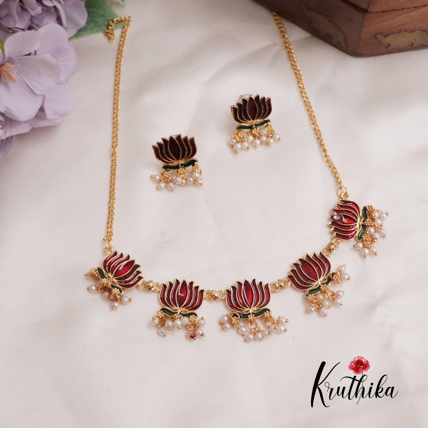 Budget Friendly Simple Lotus Charm Pearl Necklace NC2293 (Available in 2 Colors)