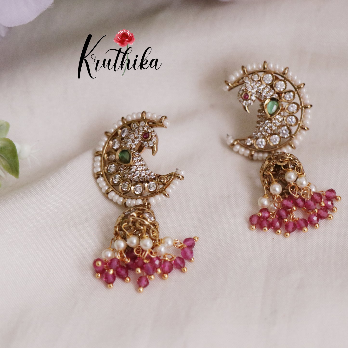 Grand Chandra Mayuri Jhumkas with Beads Drops E636 (Available in 2 Colors)