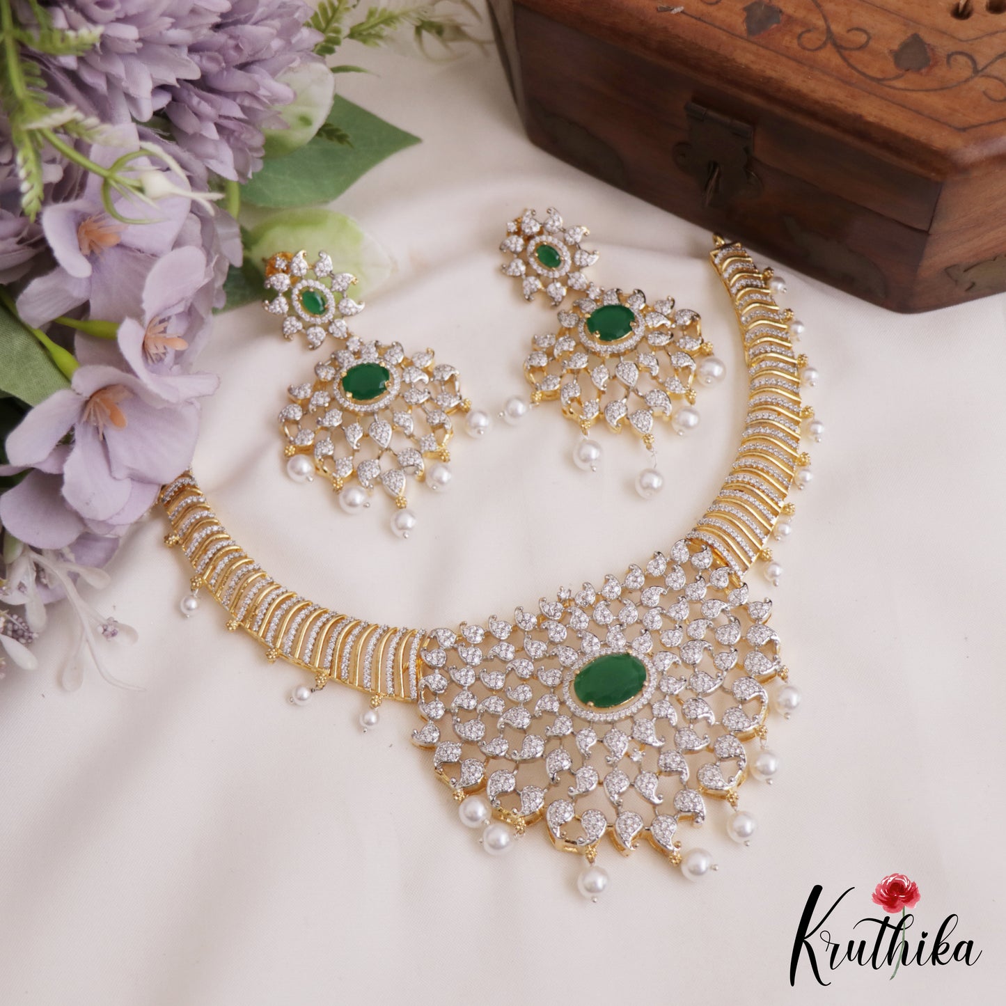 Sparkling Mango Motifs Diamond-Finish Gold-Tone AD Choker With Pearl Drops NC2760