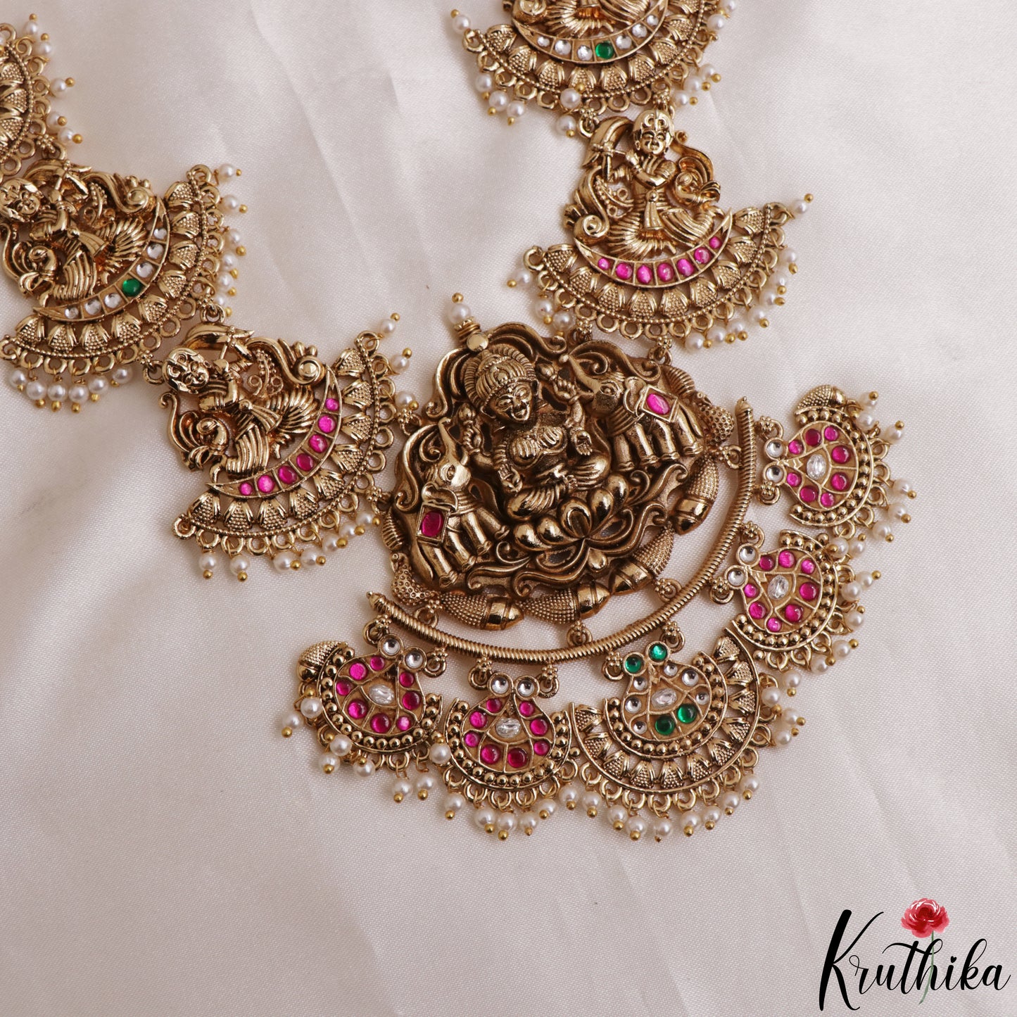 Gorgeous Antique Nagas Lakshmi Elephant Motifs Jadau Haaram With Pearl Drops LH2170