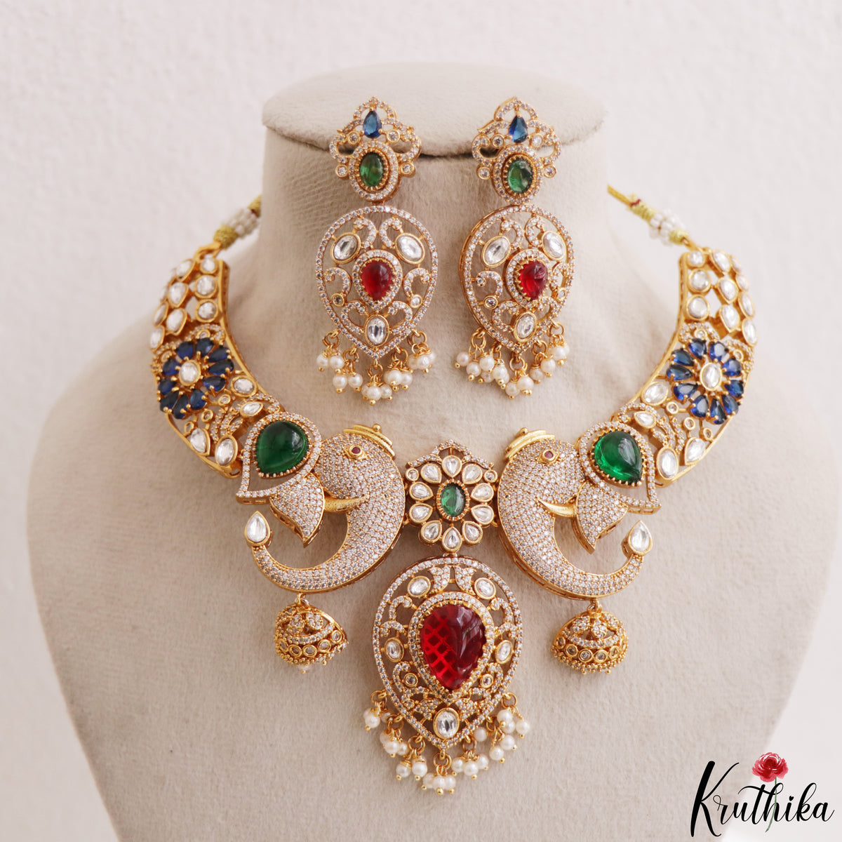 Stunning Elephant Motifs Polki CZ Victorian Necklace With Pearl Drops NC3276