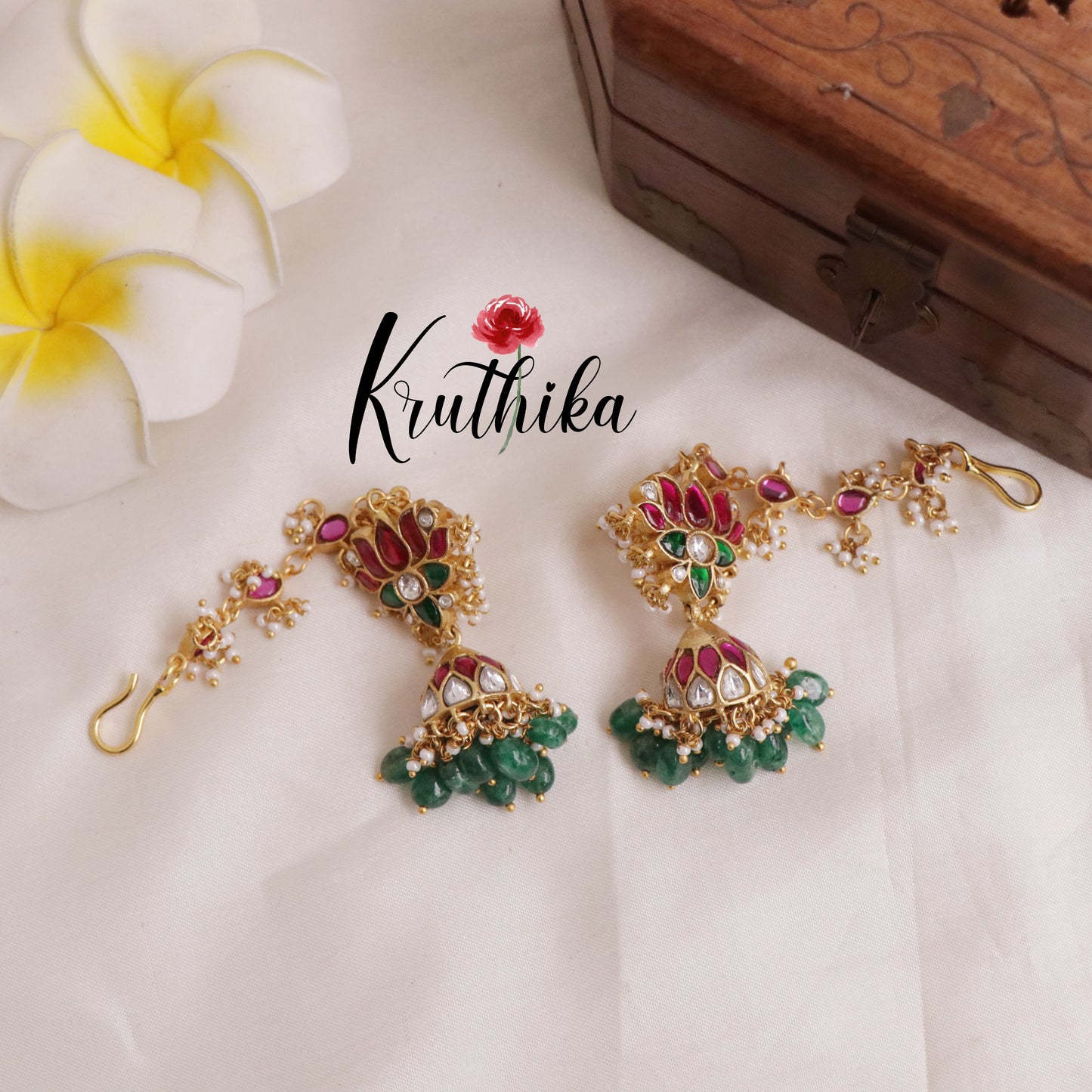 Gorgeous Jadau Lotus Jhumkas green bead drops with Ear chains E442