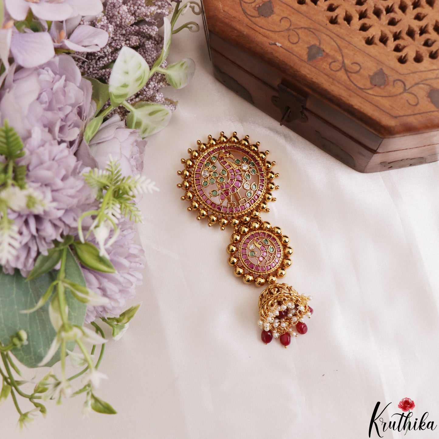 Stunning Kemp Peacock Motifs Jhumka Jada Billa With Bead Drops J435 (Available In 2 Colors)