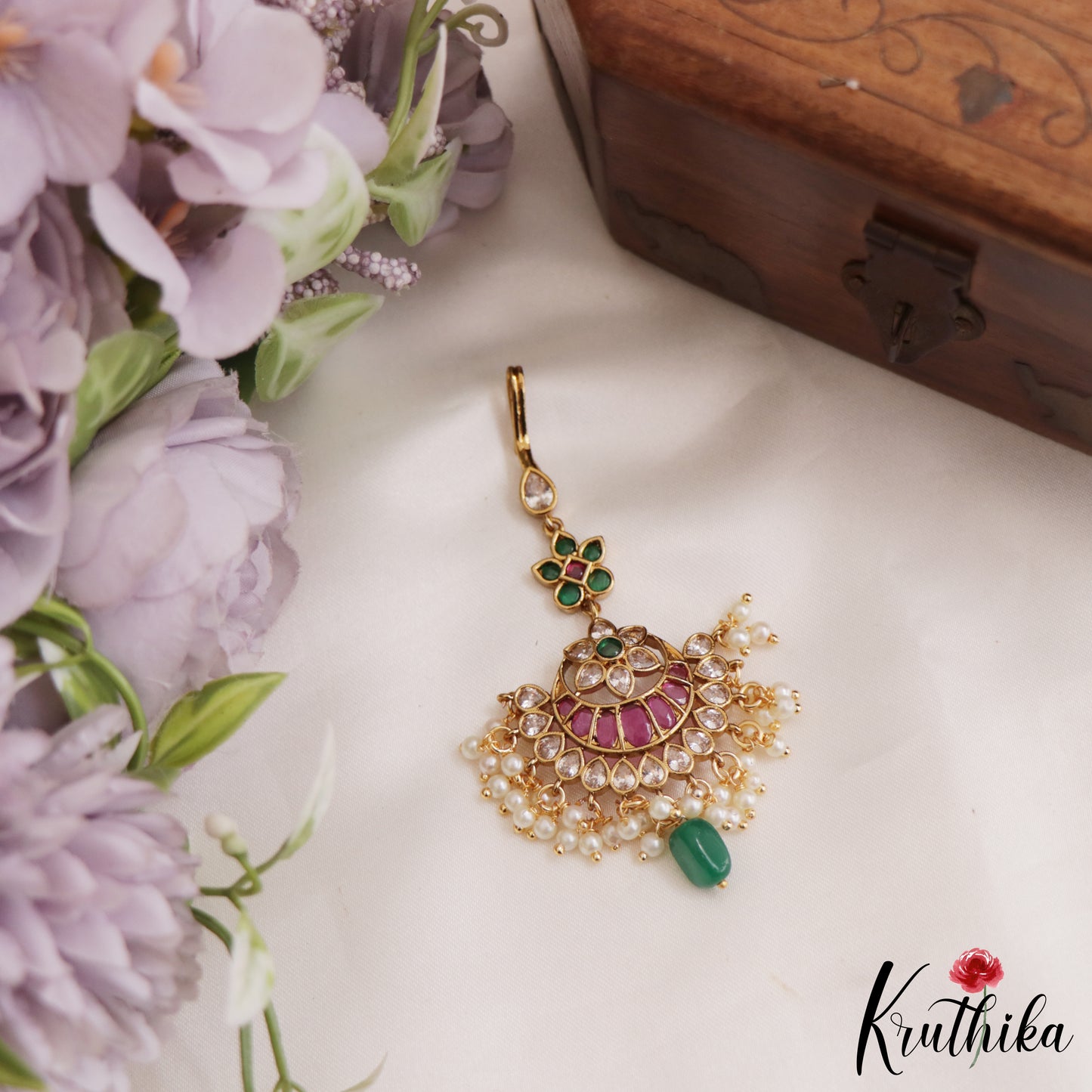 Stunning Floral Motifs kemp Maang Tikka With Pearl And Bead Drops MT341