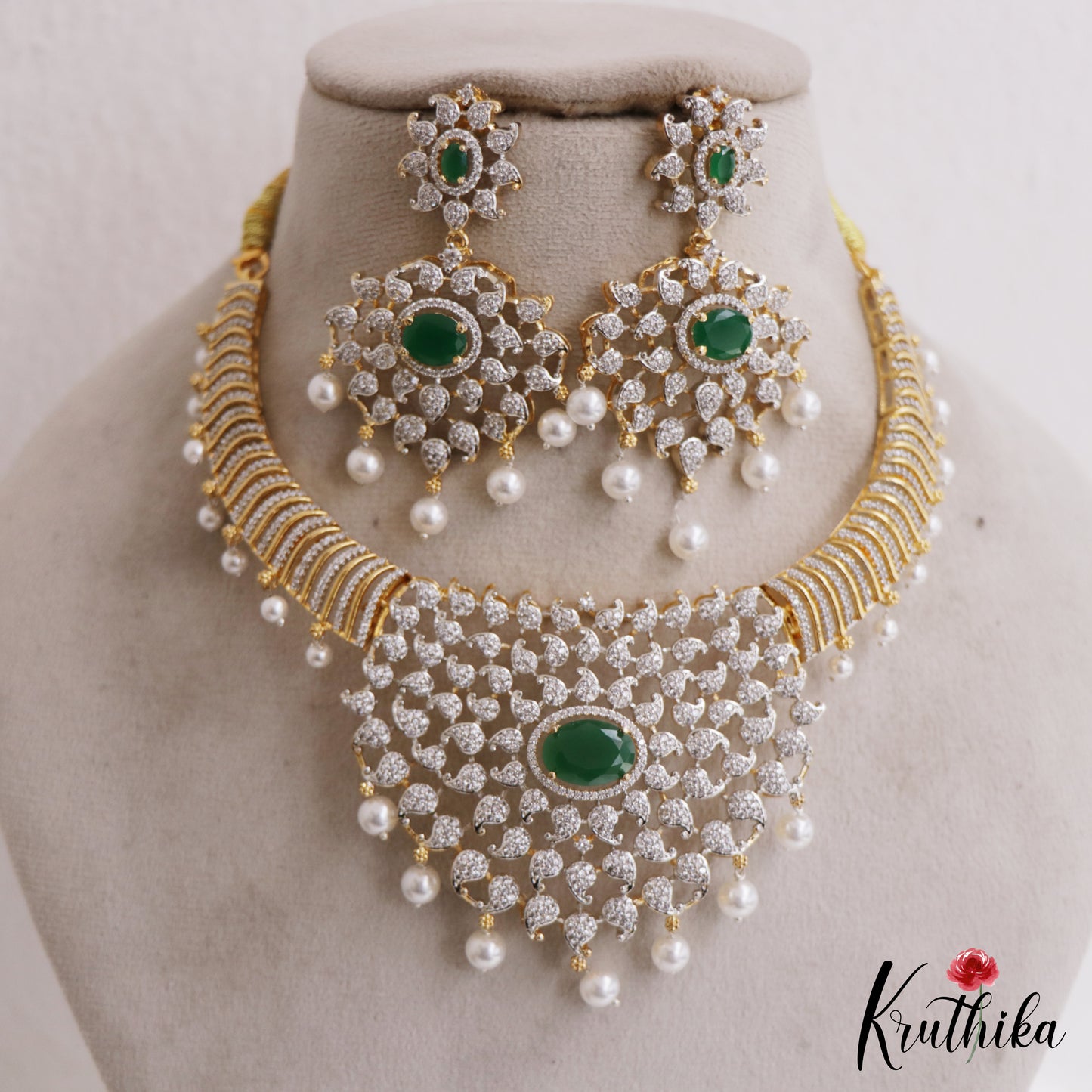 Sparkling Mango Motifs Diamond-Finish Gold-Tone AD Choker With Pearl Drops NC2760