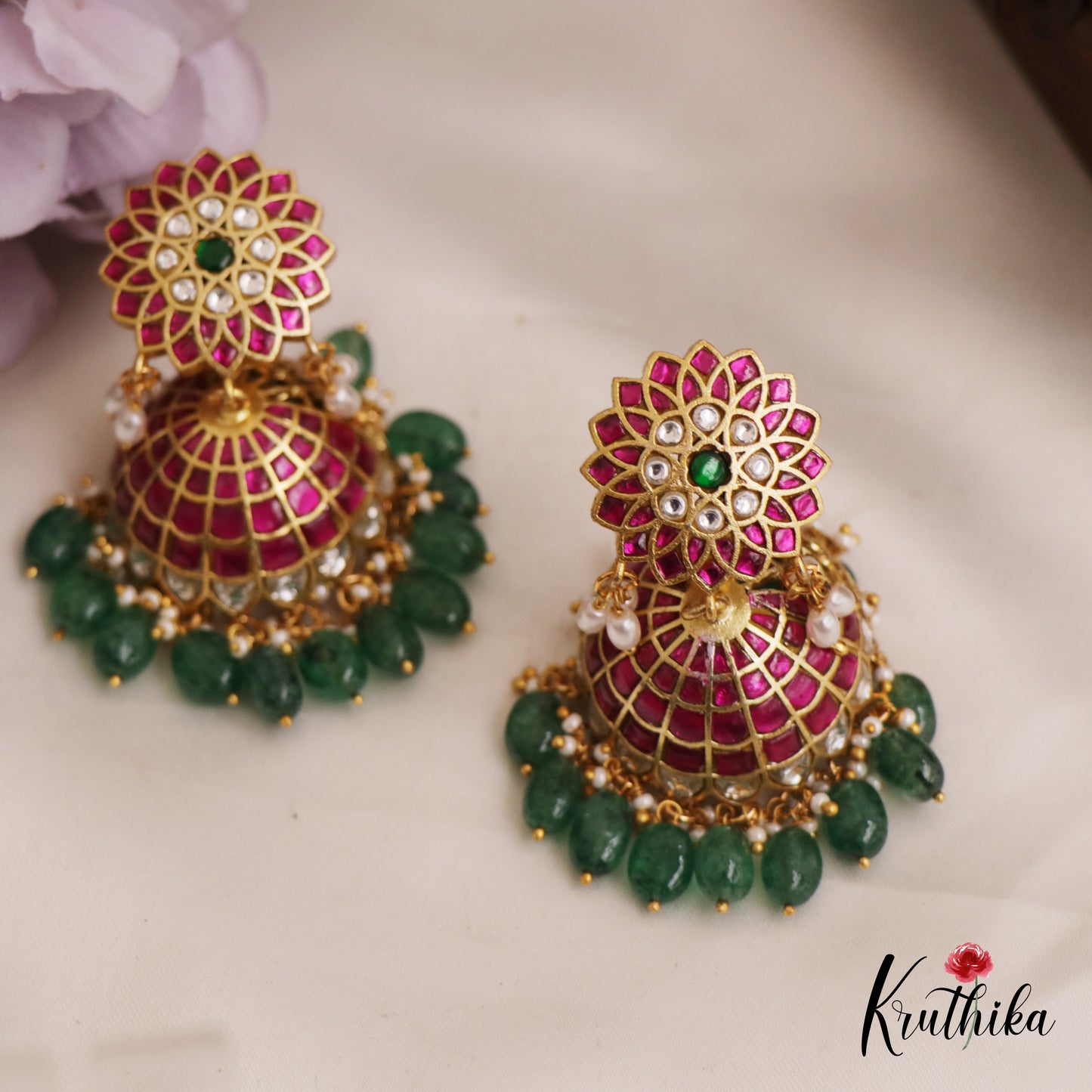 Premium Floral Motifs Jhumka Jadau Earrings With Green Bead Drops E1003