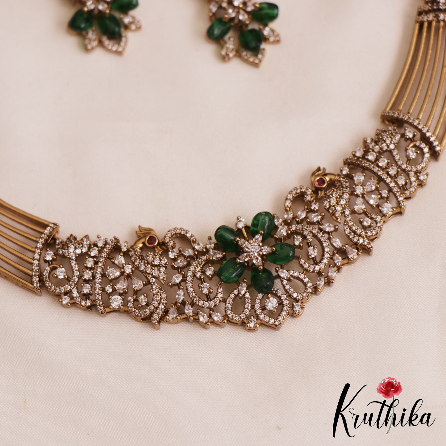 Sparkling AD Floral Peacock Motifs Victorian Hasli Choker NC2818 (Available In 2 Colors)