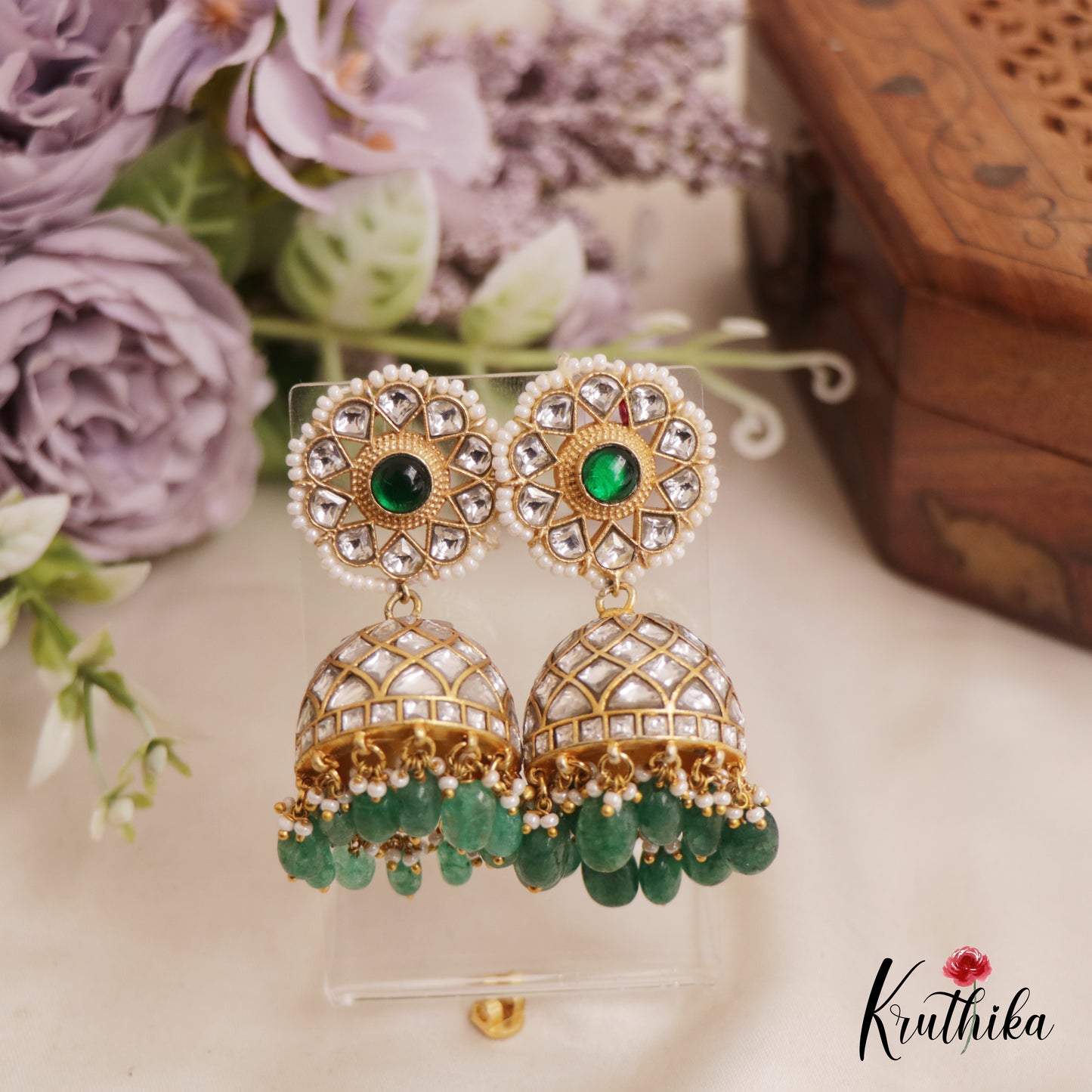 Stunning Floral Motifs Jhumka Kundan Jadau Earrings With Pearl And Bead Drops E852
