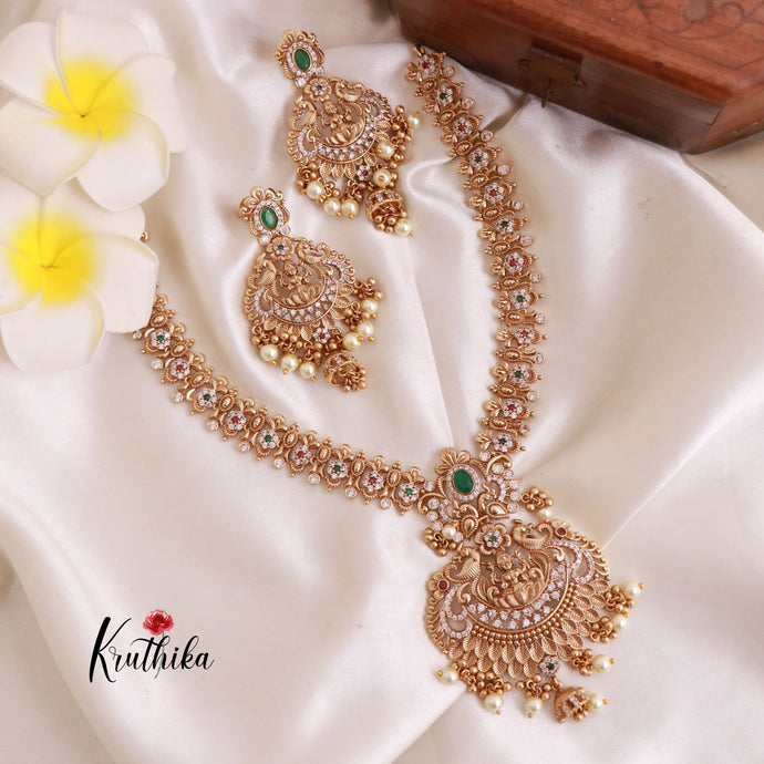 Best selling Antique finish Emerald CZ Lakshmi Devi peacock necklace NC822