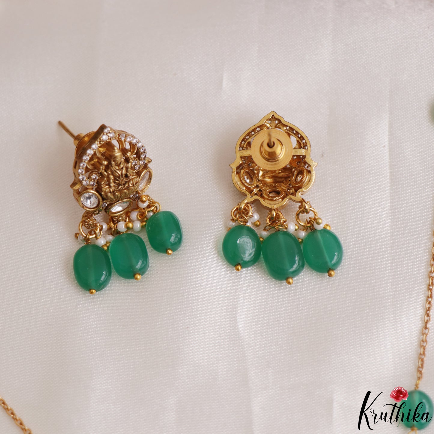 Beautiful Lakshmi Peacock Motifs CZ Polki Pendant Chain Set NC3106 (Available 2 Colors)