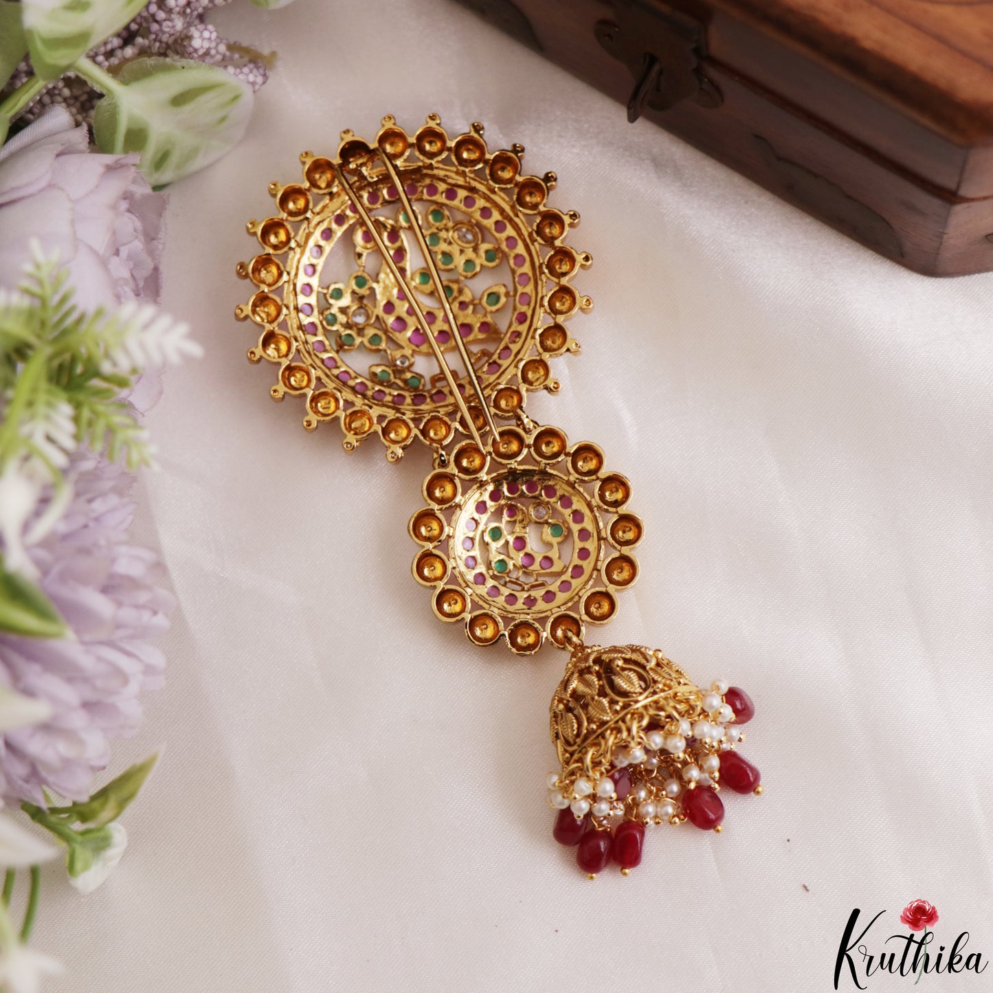 Stunning Kemp Peacock Motifs Jhumka Jada Billa With Bead Drops J435 (Available In 2 Colors)