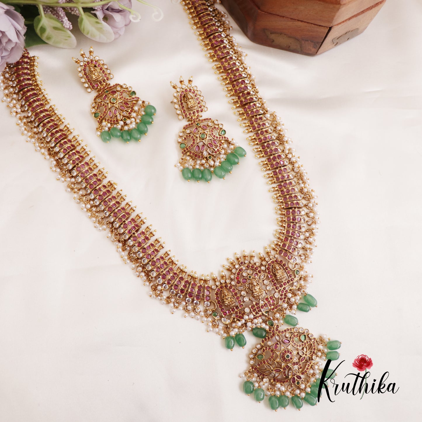Premium Lakshmi Peacock Motifs Kemp Necklace With Green Bead Drops LH2036
