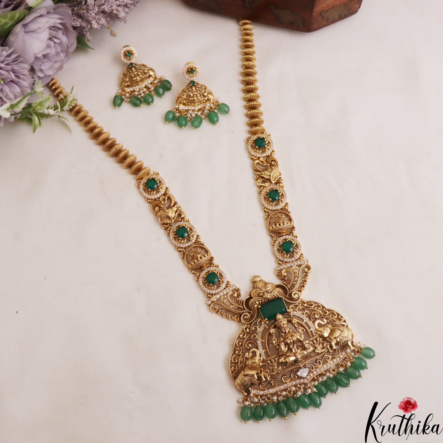 Grand Antique Nagas Lakshmi Motifs Haaram With Bead Drops LH2104 (Available In 2 Colors)
