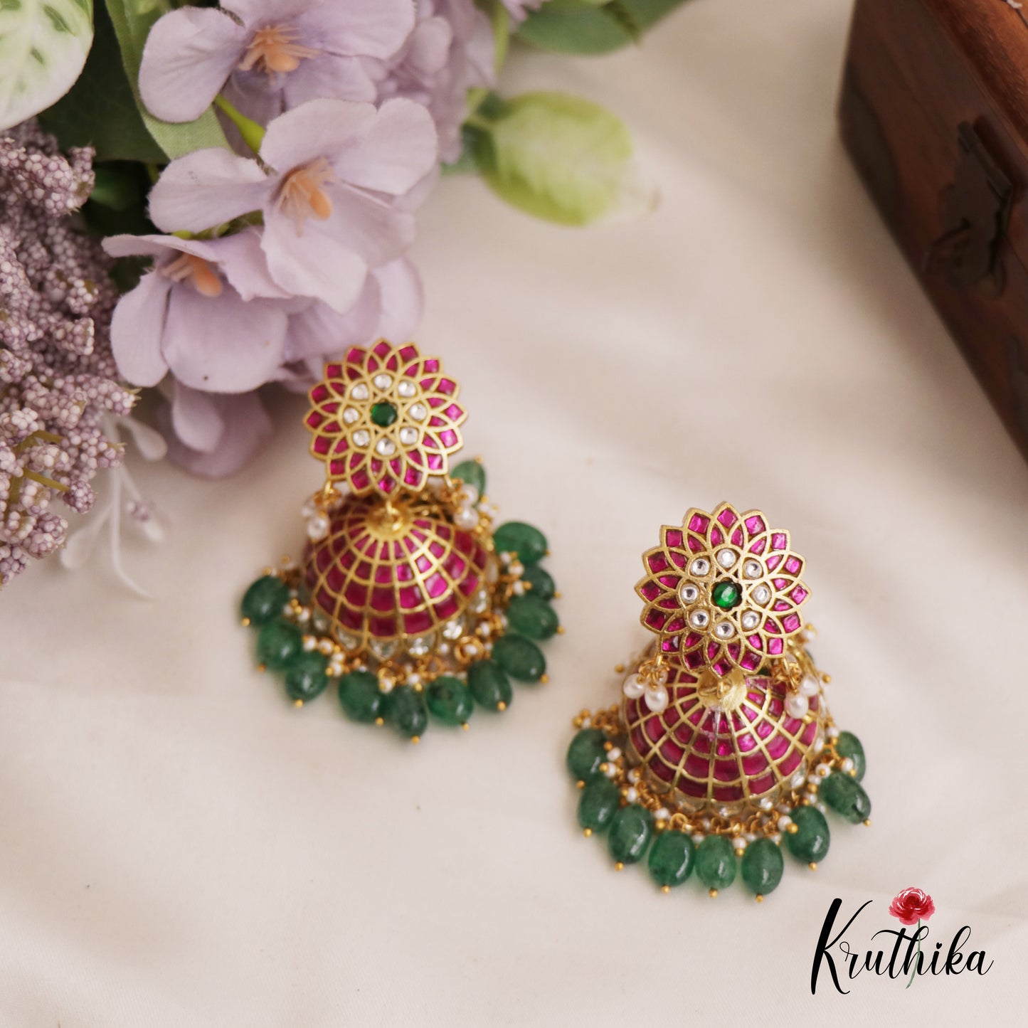 Premium Floral Motifs Jhumka Jadau Earrings With Green Bead Drops E1003