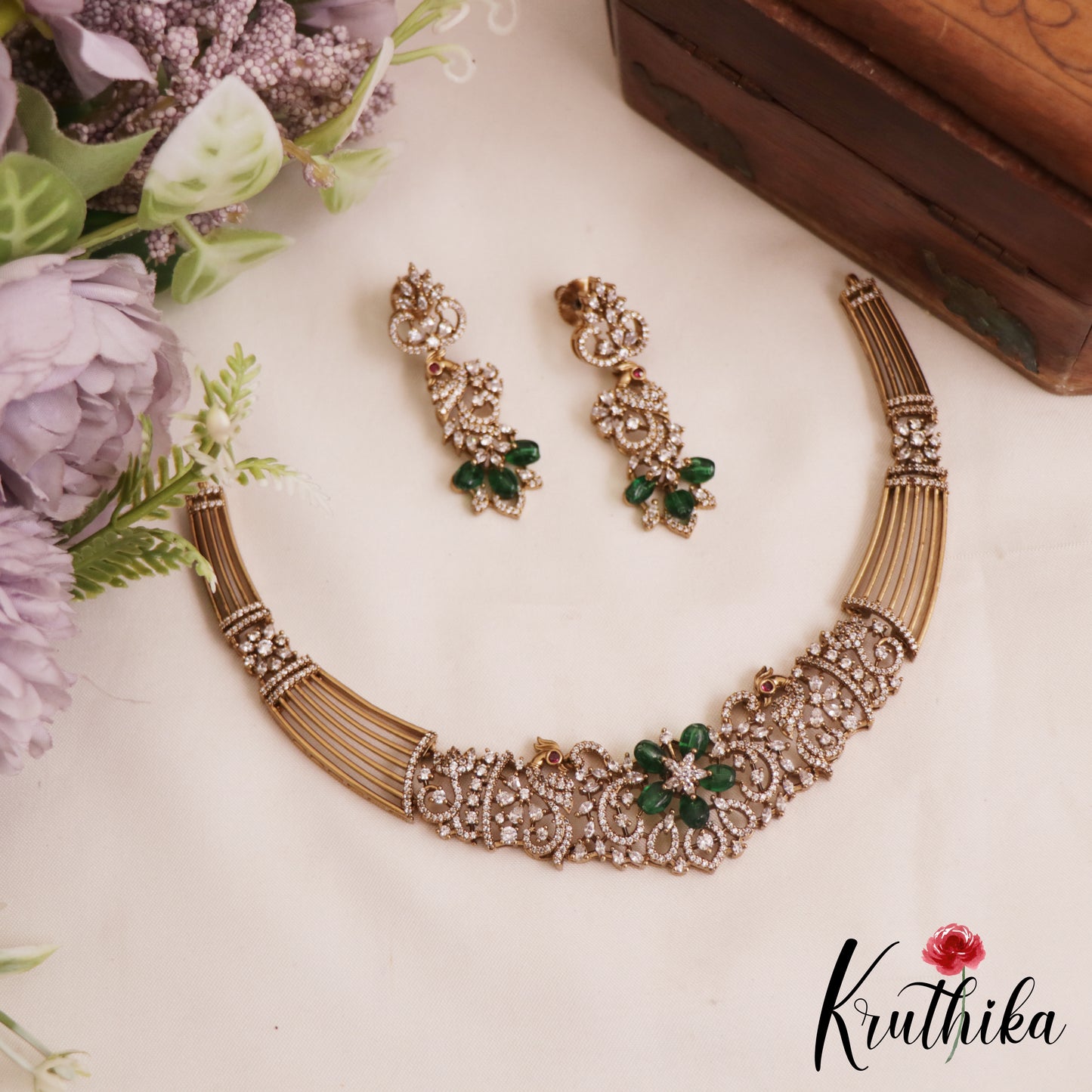 Sparkling AD Floral Peacock Motifs Victorian Hasli Choker NC2818 (Available In 2 Colors)