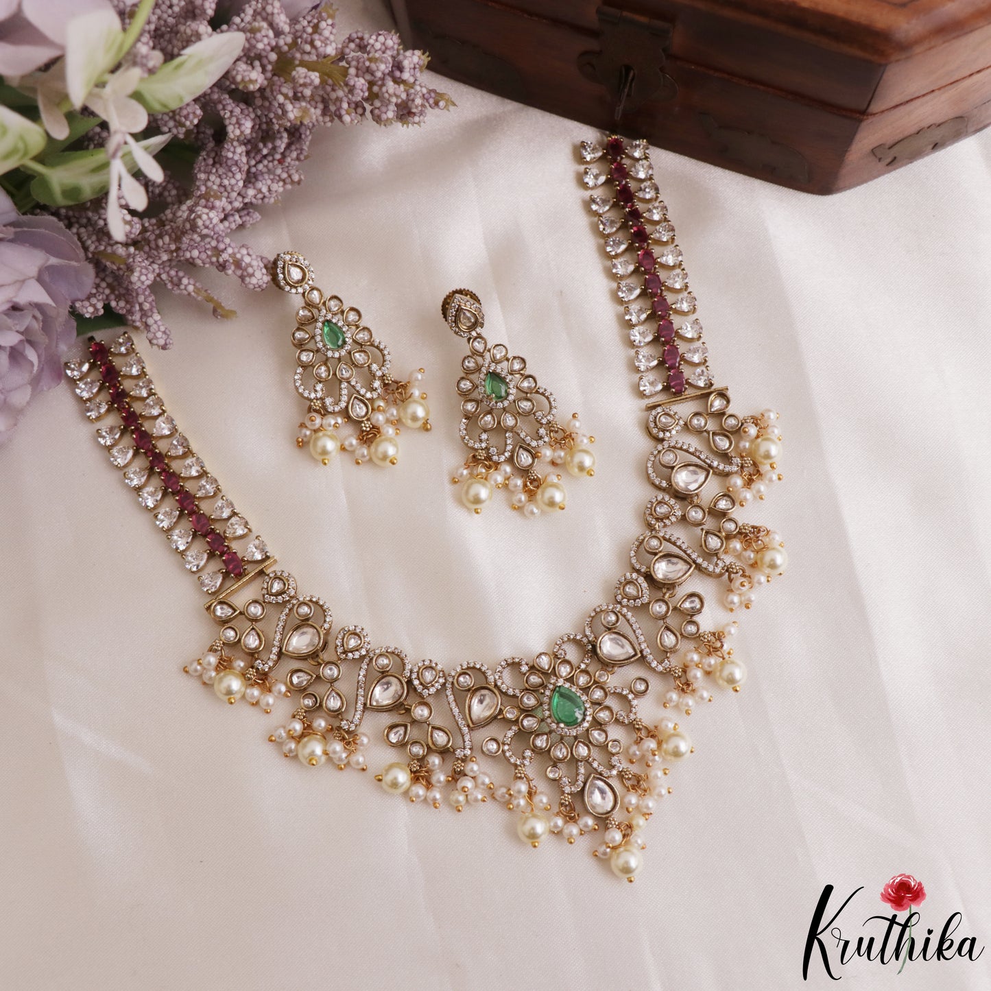 Elegant Teardrop Motifs Polki CZ Victorian Necklace With Pearl Drops NC3161