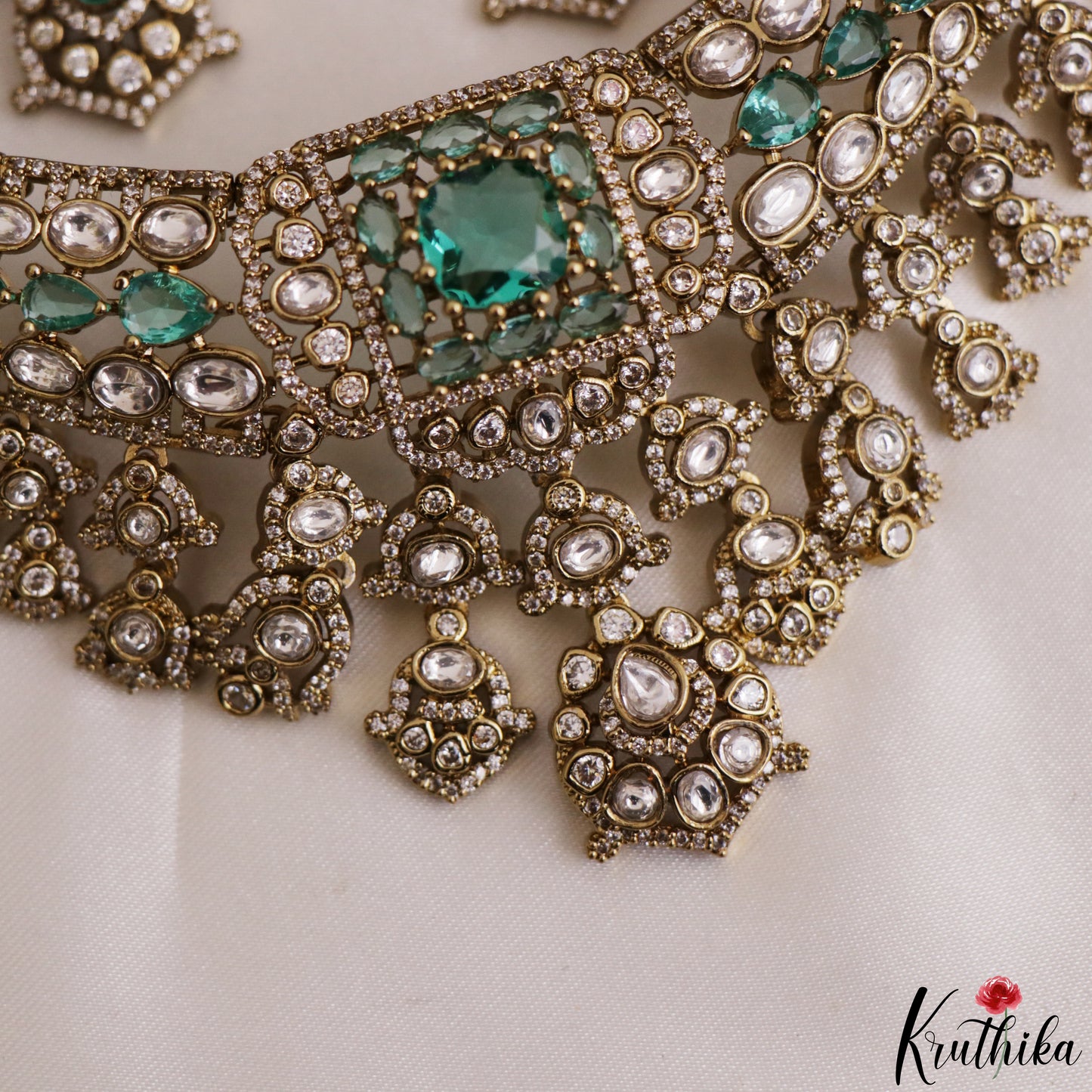 Classic Teardrop Motifs Polki CZ Victorian Choker NC3277