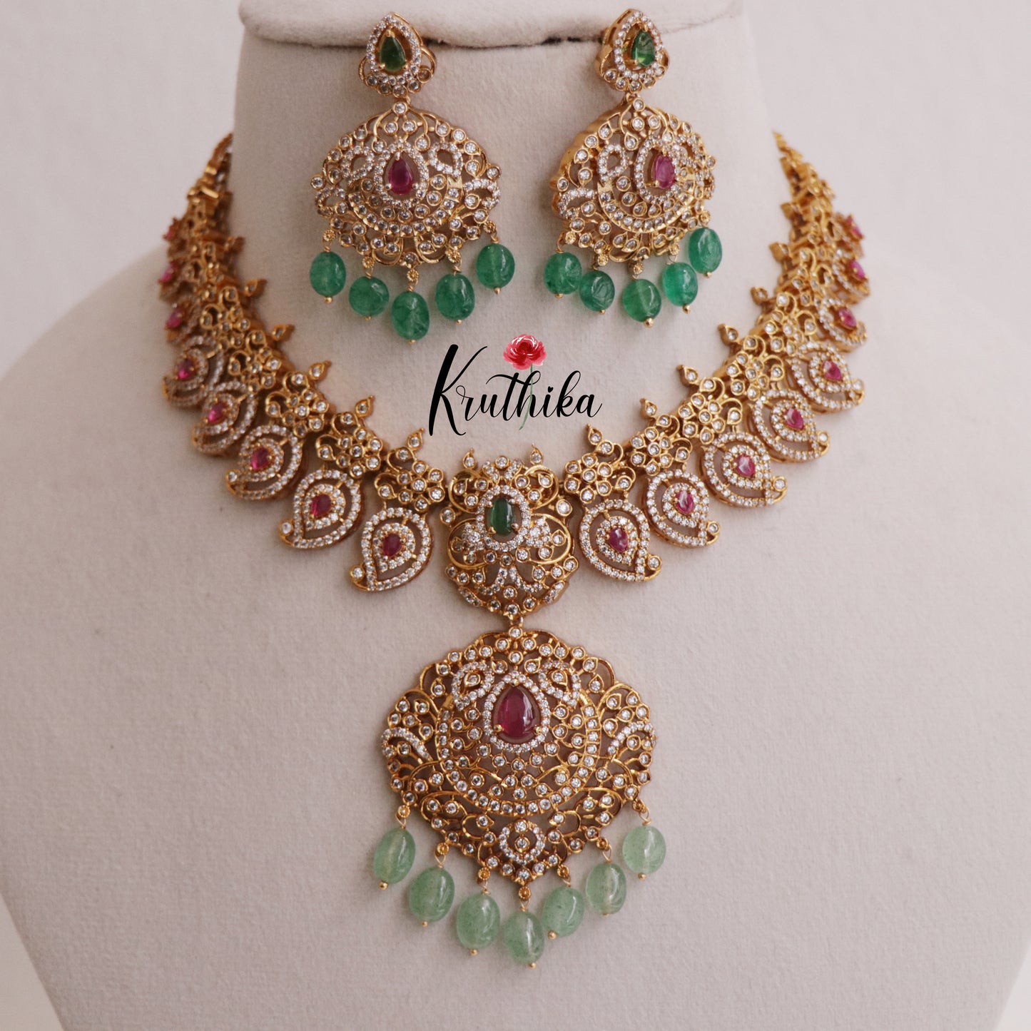 Royal Bridal AD Mango Design Necklace with Pastel Green Beads NC2320