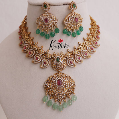 Royal Bridal AD Mango Design Necklace with Pastel Green Beads NC2320 (Available in 2 Colours)