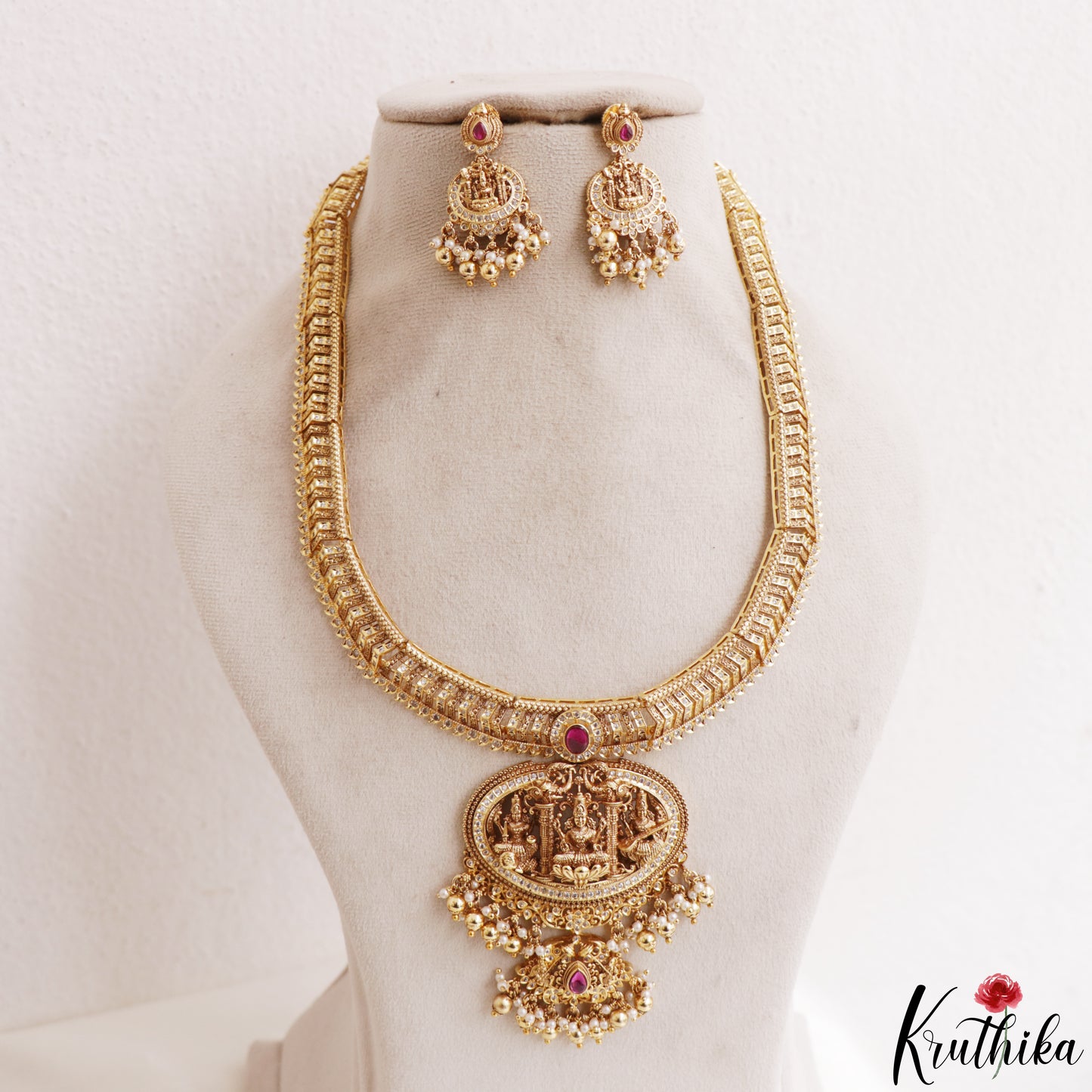 Gorgeous Antique Nagas Lakshmi Motifs Temple Haaram With Pearl Bead Drops LH2206 (Available In 2 Colors)
