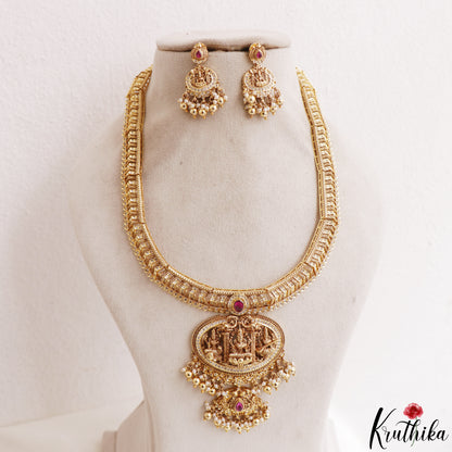 Gorgeous Antique Nagas Lakshmi Motifs Temple Haaram With Pearl Bead Drops LH2206 (Available In 2 Colors)