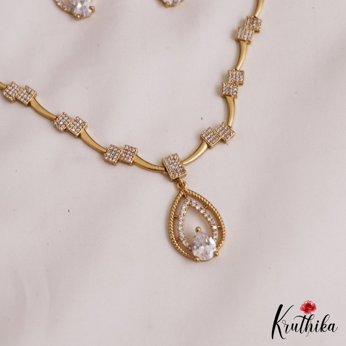 Sparkling Diamond-Finish Gold-Tone AD Teardrop Motifs Necklace NC2757 (Available In 2 Colors)