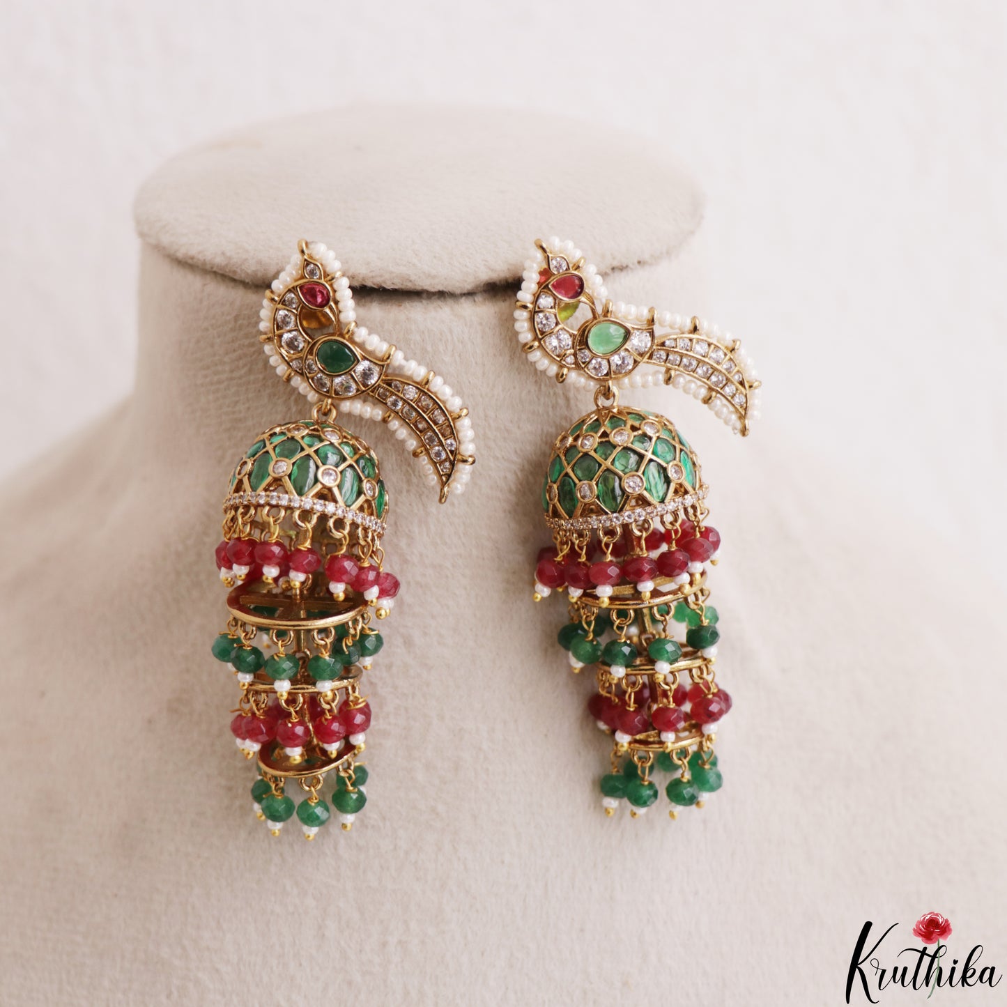 Stunning Pearl Border Peacock Motifs Jhumkas With Pearl Bead Drops E1221 (Available In 2 Colors)