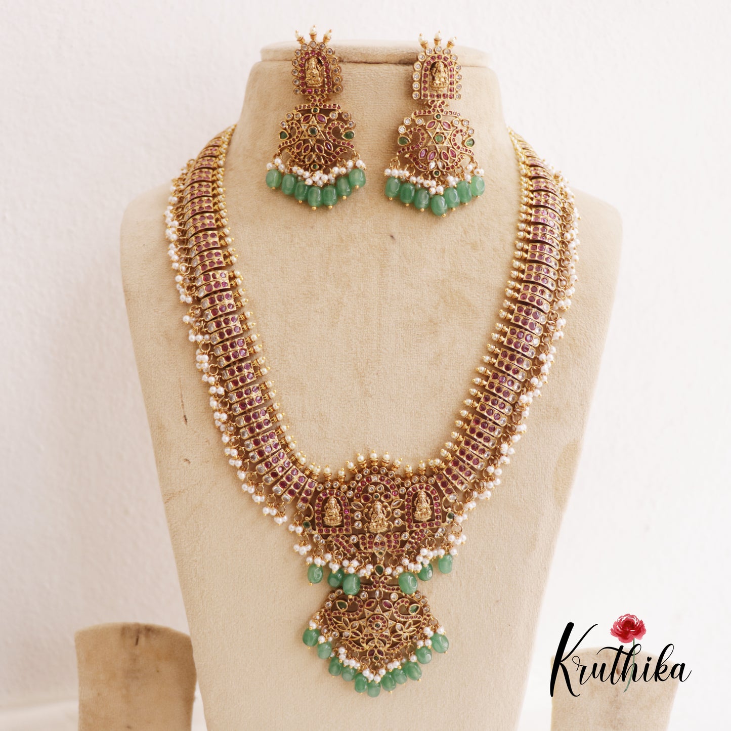 Premium Lakshmi Peacock Motifs Kemp Necklace With Green Bead Drops LH2036