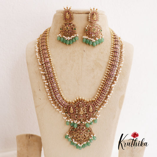 Premium Lakshmi Peacock Motifs Kemp Necklace With Green Bead Drops LH2036