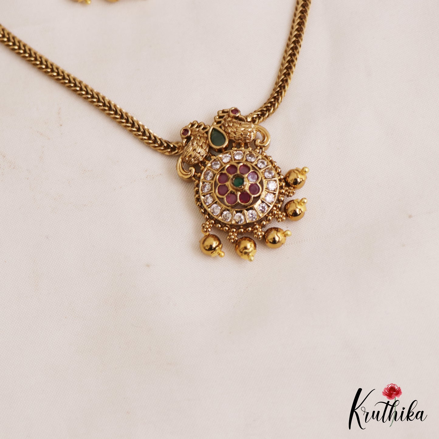 Classic Floral Peacock Motifs AD Pendant Chain Set NC2874