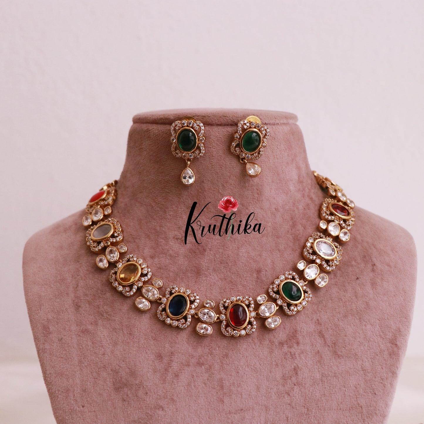 Simple CZ Navaratna uncut stones necklace NC1886