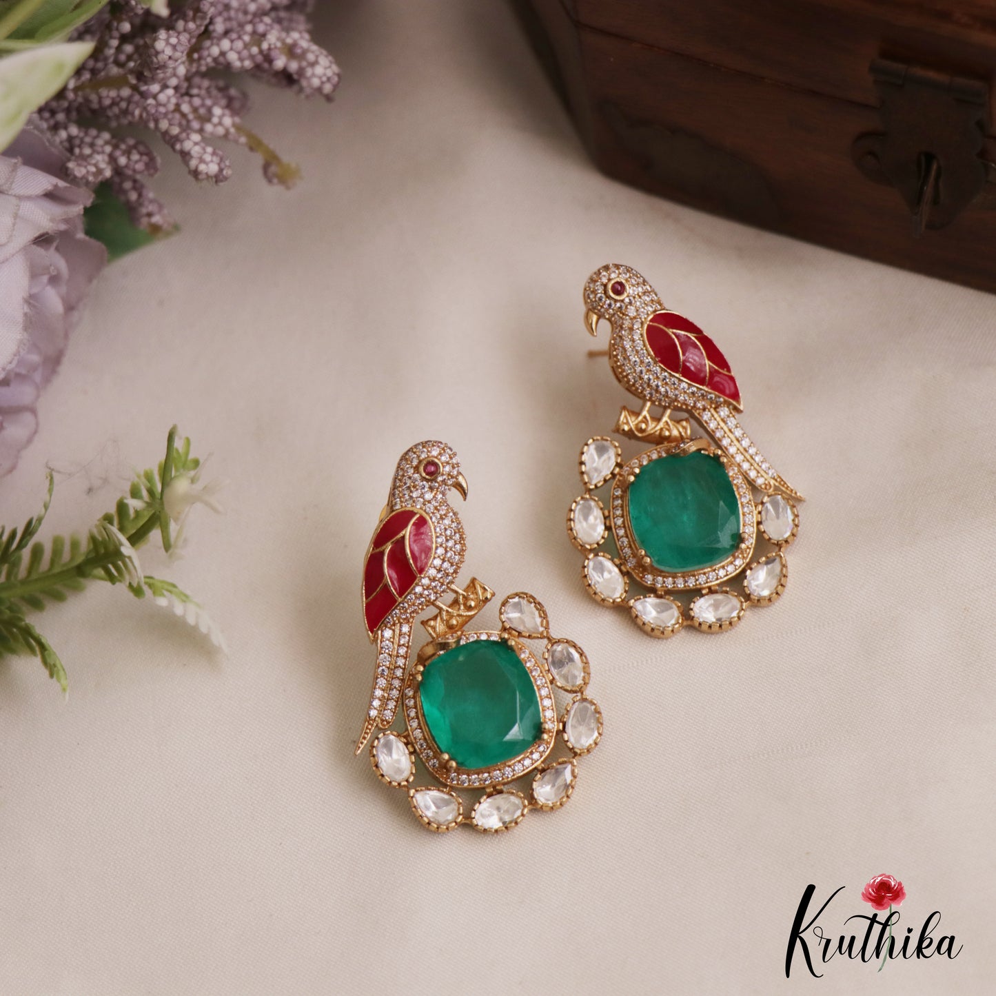 Gorgeous Parrot Motif Polki Victorian Stud Earrings E1099 (Available In 5 Colors)