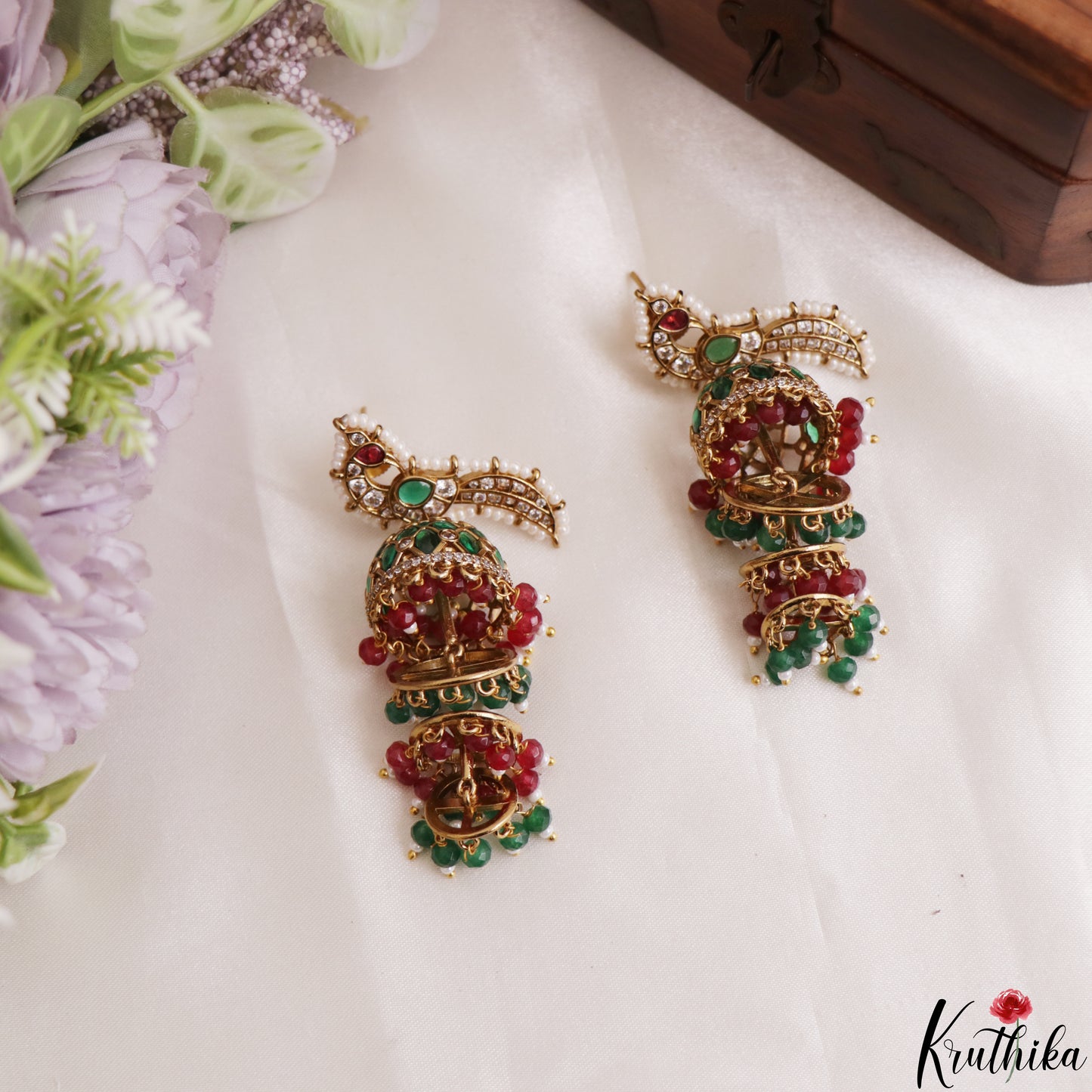 Stunning Pearl Border Peacock Motifs Jhumkas With Pearl Bead Drops E1221 (Available In 2 Colors)