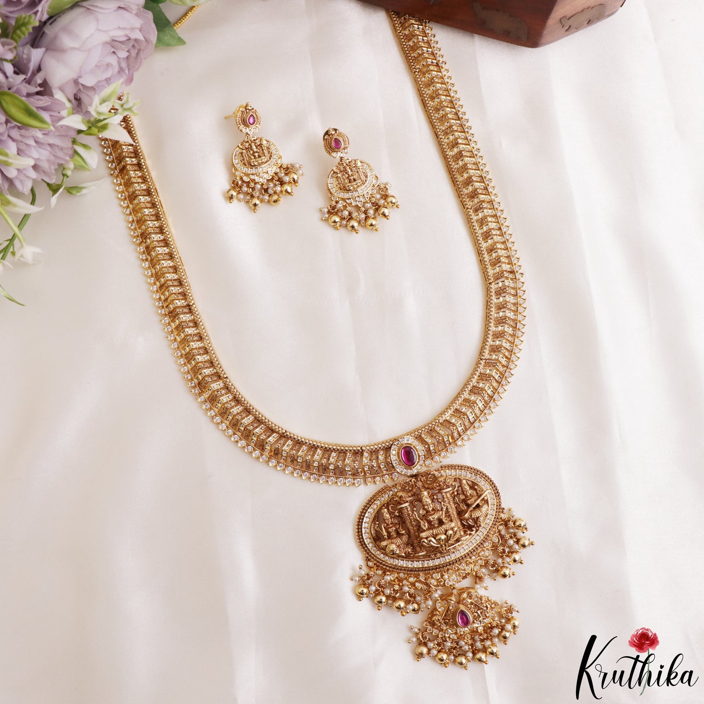 Gorgeous Antique Nagas Lakshmi Motifs Temple Haaram With Pearl Bead Drops LH2206 (Available In 2 Colors)