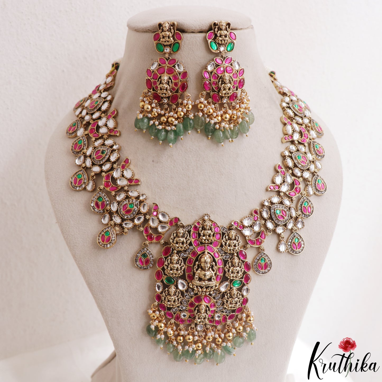 Grand Antique Nagas Ashta Lakshmi Motifs Polki Jadau Necklace With Green Bead Drops NC3145