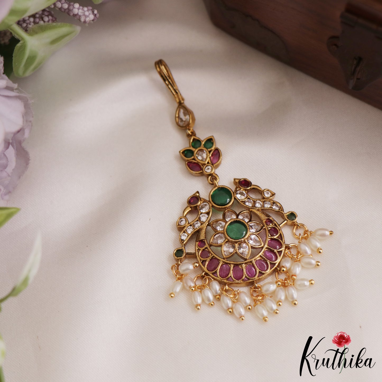 Beautiful Floral Peacock Motifs kemp Maang Tikka With Pearl Drops MT342