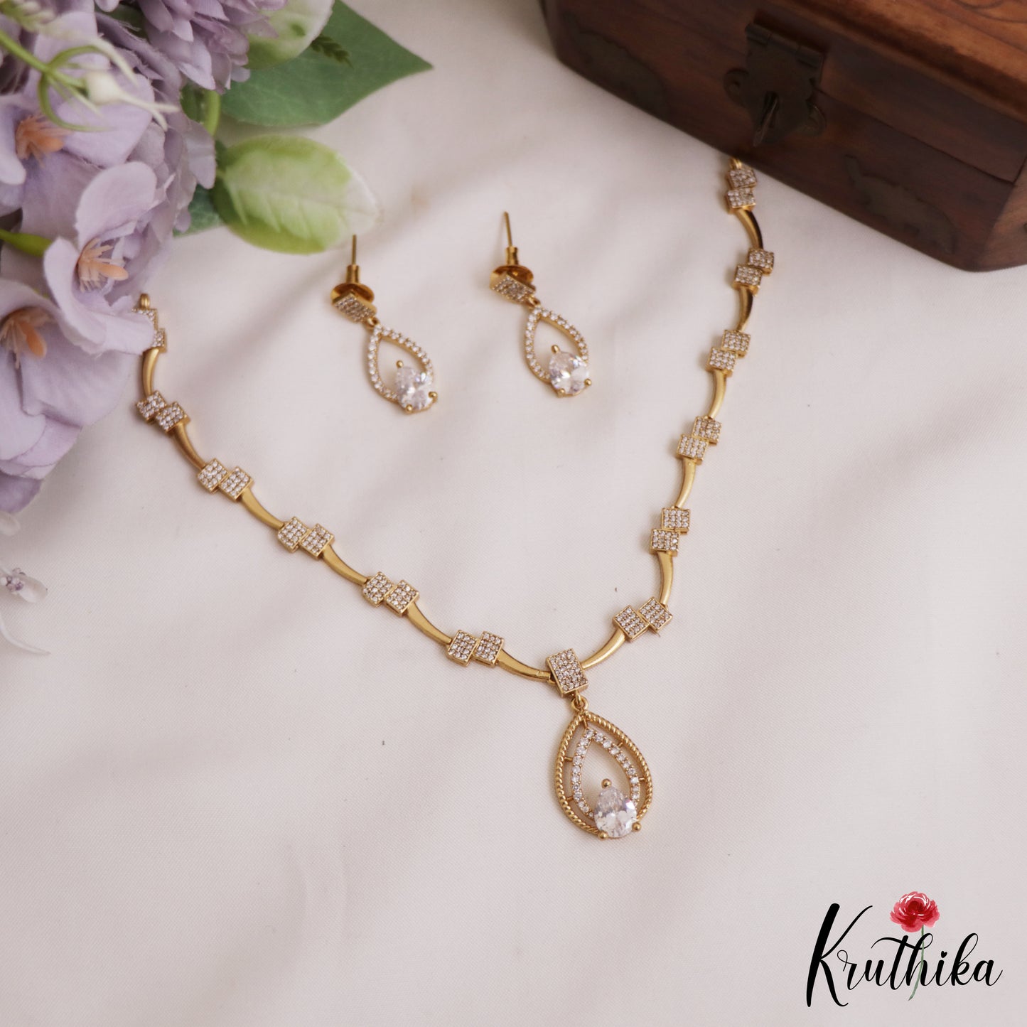 Sparkling Diamond-Finish Gold-Tone AD Teardrop Motifs Necklace NC2757 (Available In 2 Colors)