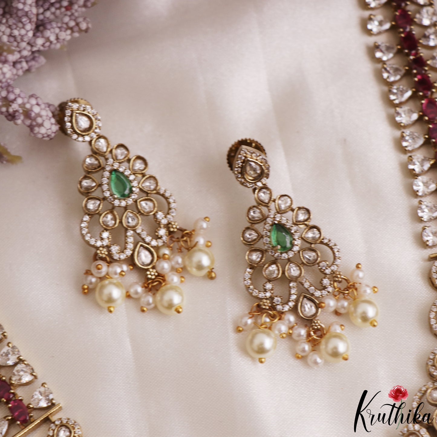 Elegant Teardrop Motifs Polki CZ Victorian Necklace With Pearl Drops NC3161