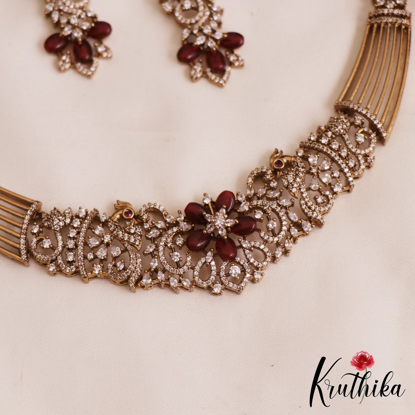 Sparkling AD Floral Peacock Motifs Victorian Hasli Choker NC2818 (Available In 2 Colors)