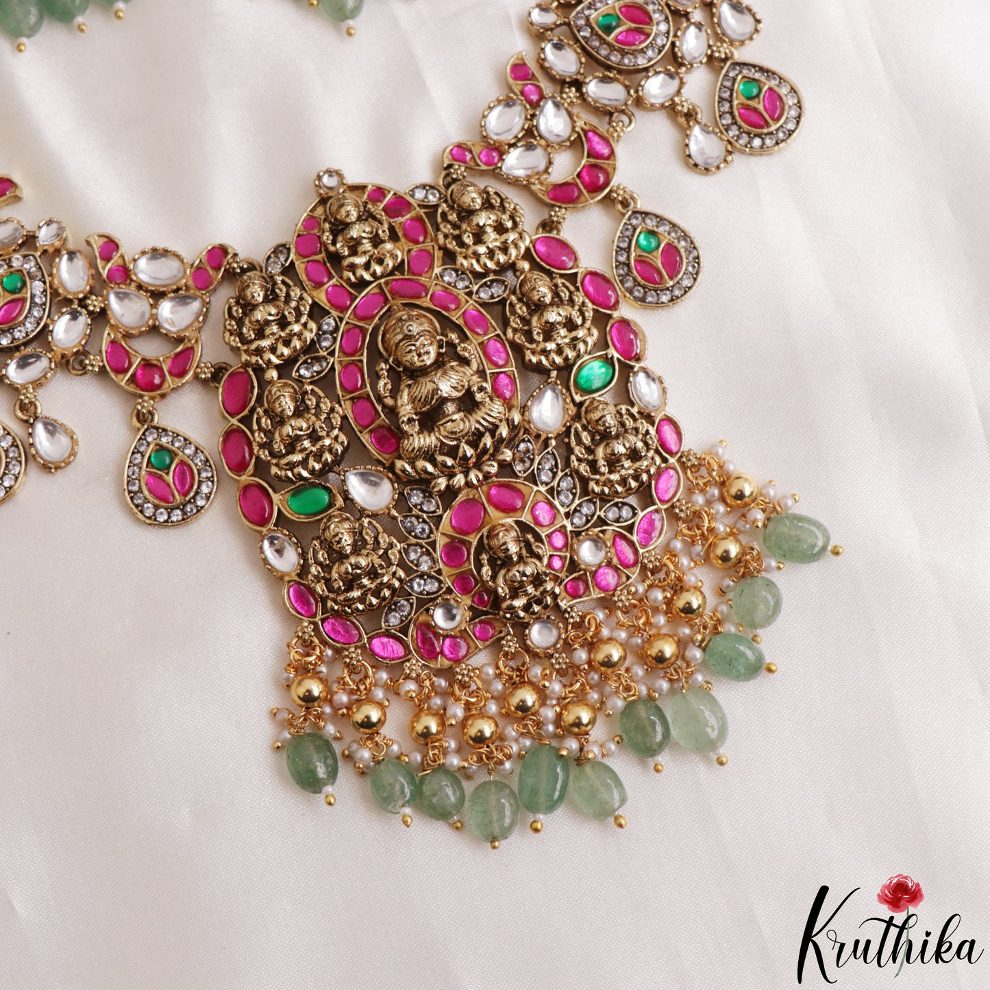 Grand Antique Nagas Ashta Lakshmi Motifs Polki Jadau Necklace With Green Bead Drops NC3145