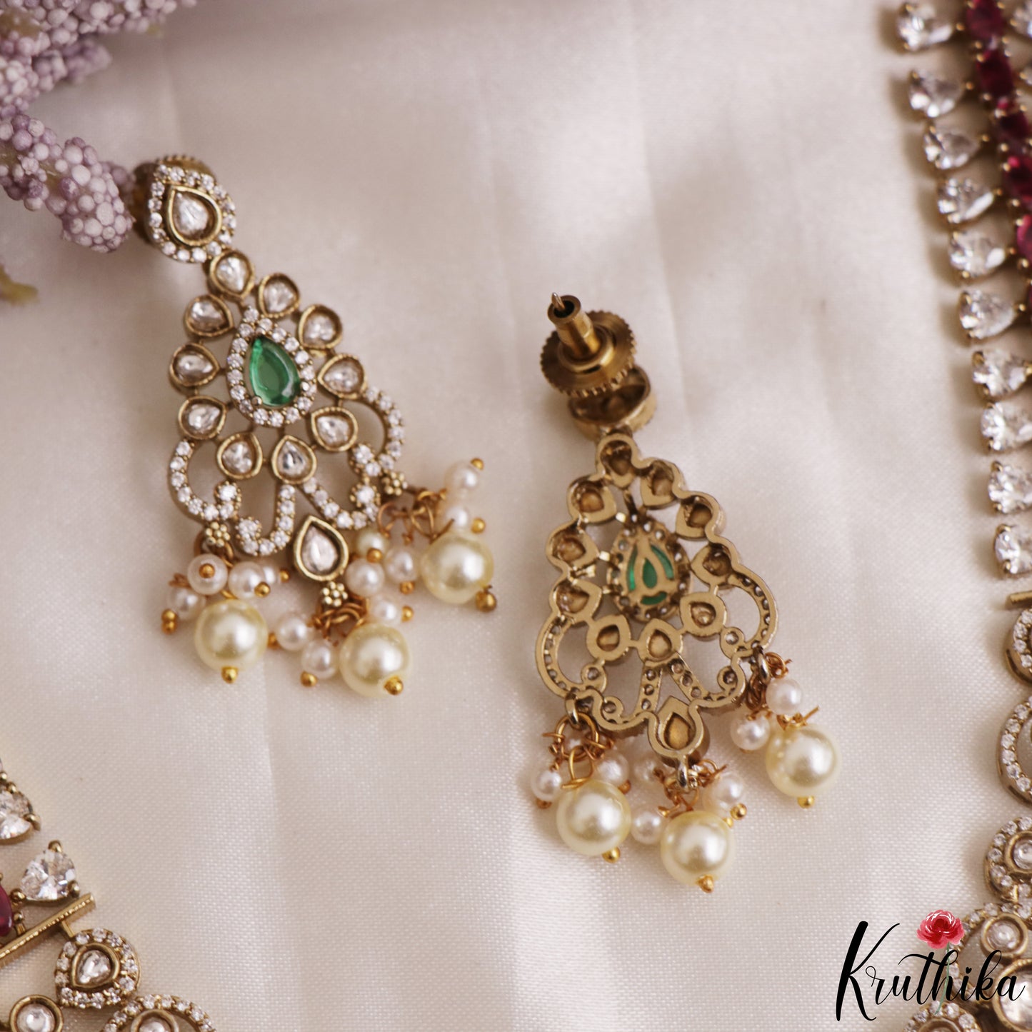 Elegant Teardrop Motifs Polki CZ Victorian Necklace With Pearl Drops NC3161